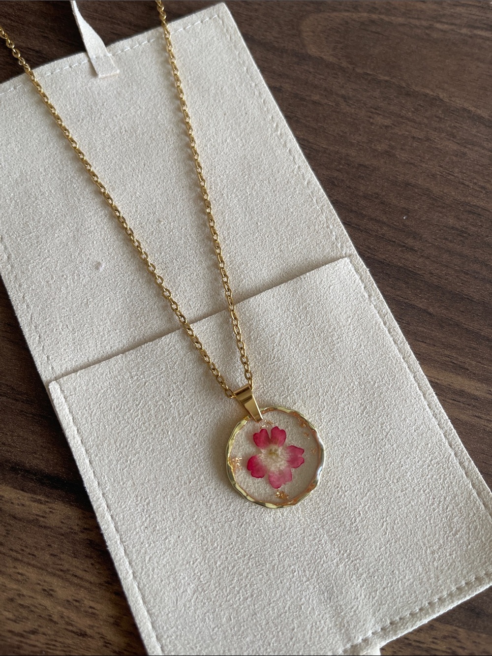 Gold Necklace with Pink Flower Pendant